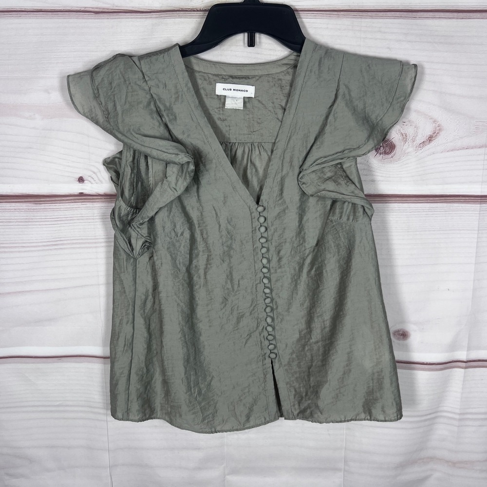 Club Monaco Top Women Small Green Ruffle Sleeve Button Front Lyocell Blend Boho